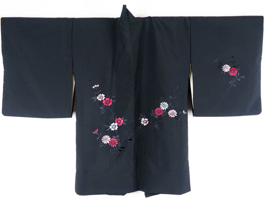 Black Haori with Embroidered Blossoms